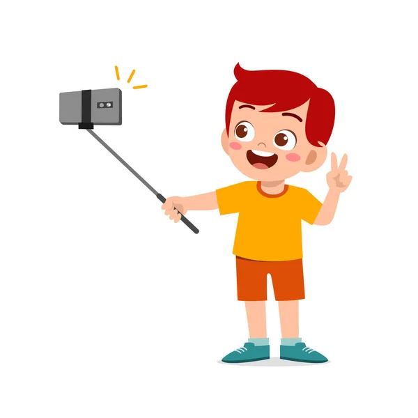 Cute Little Kid Boy Pose Selfie Front Camera — Stock Vector