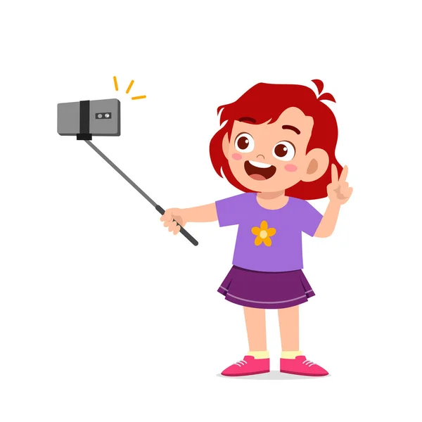 Cute Little Kid Girl Pose Selfie Front Camera — Stock Vector