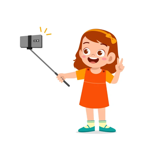 Cute Little Kid Girl Pose Selfie Front Camera — Stock Vector