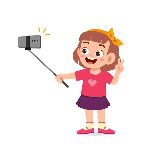 Cute Little Kid Girl Pose Selfie Front Camera — Stock Vector