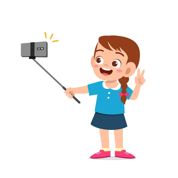 Cute Little Kid Girl Pose Selfie Front Camera — Stock Vector