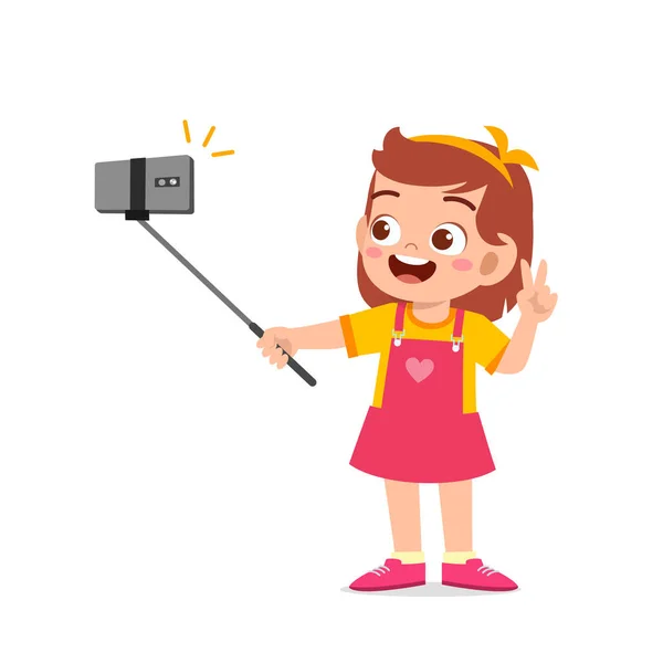 Cute Little Kid Girl Pose Selfie Front Camera — Stock Vector