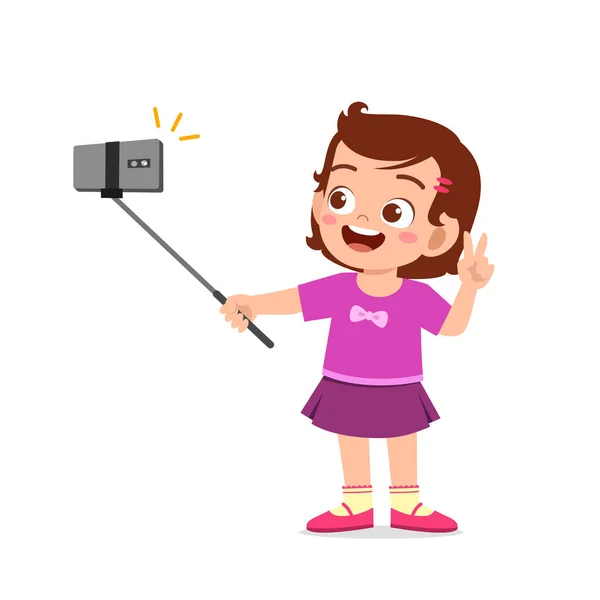 Cute Little Kid Girl Pose Selfie Front Camera — Stock Vector