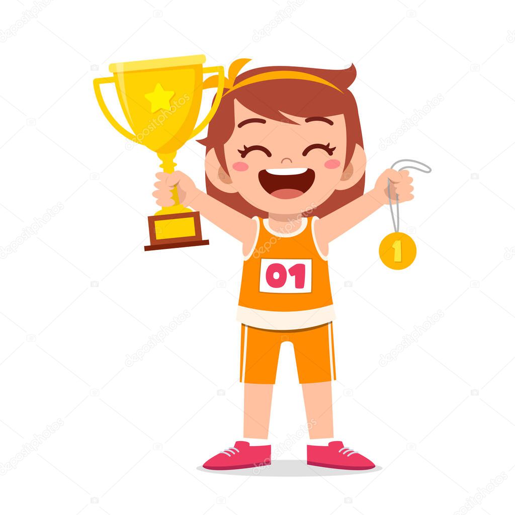 happy cute little girl holding gold medal and trophy