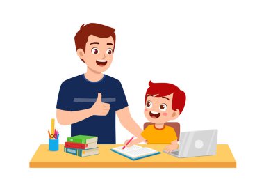 cute little boy study with father at home together