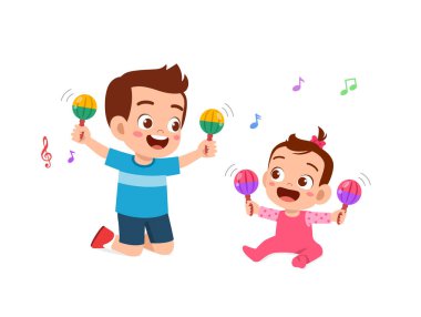 cute little boy play with baby sibling together