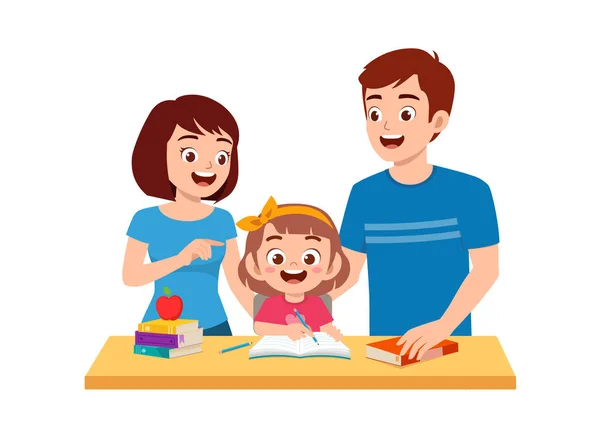 Cute Little Girl Study Mother Father Home Together — Stock vektor