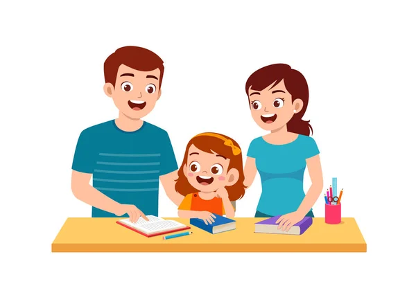 Cute Little Girl Study Mother Father Home Together — Stock vektor