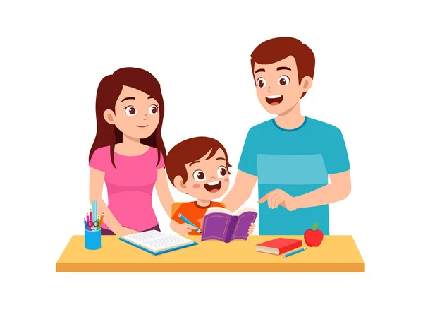 Cute Little Boy Study Mother Father Home Together — Διανυσματικό Αρχείο
