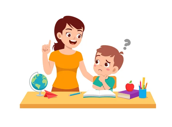 Cute Little Boy Study Mother Home Together — 图库矢量图片