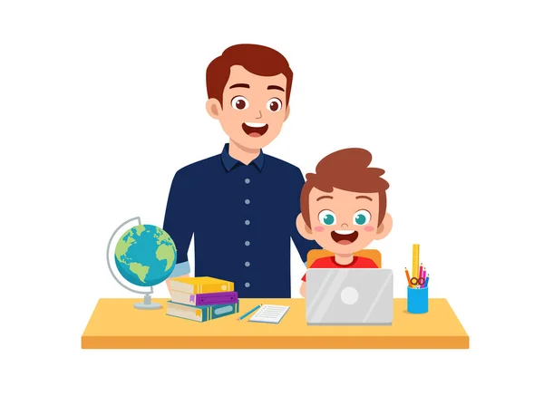 Cute Little Boy Study Father Home Together — Stock vektor
