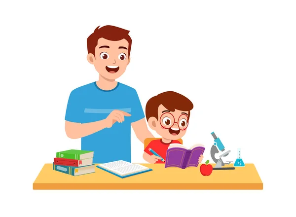 Cute Little Boy Study Father Home Together —  Vetores de Stock