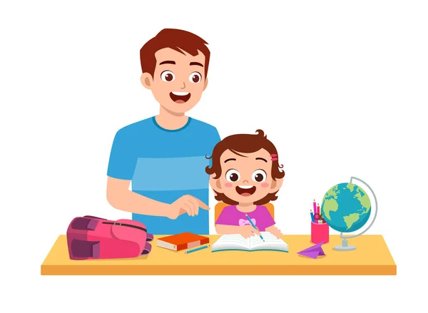 Cute Little Girl Study Father Home Together — Διανυσματικό Αρχείο