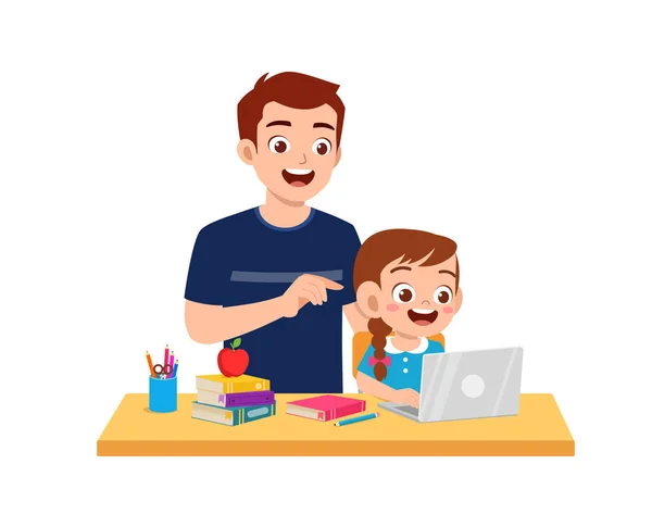 Cute Little Girl Study Father Home Together — Stock vektor