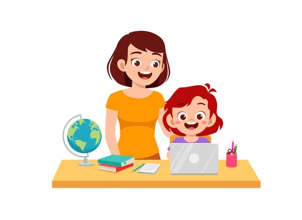 Cute Little Girl Study Mother Home Together — Stockvector