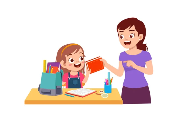 Cute Little Girl Study Mother Home Together — Vetor de Stock