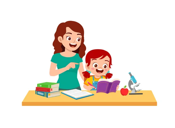 Cute Little Girl Study Mother Home Together — Vetor de Stock