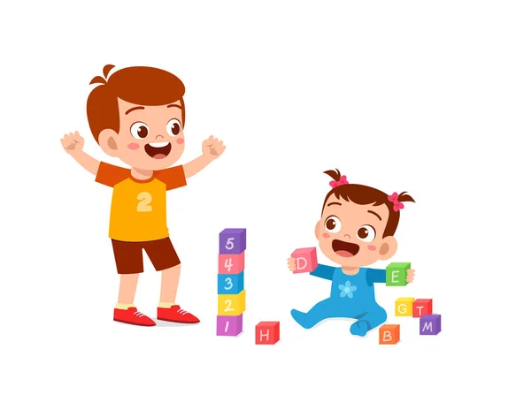 Cute Little Boy Play Baby Sibling Together — Stockvector