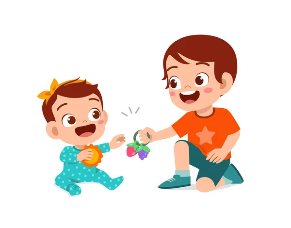 Cute Little Boy Play Baby Sibling Together — Stock Vector