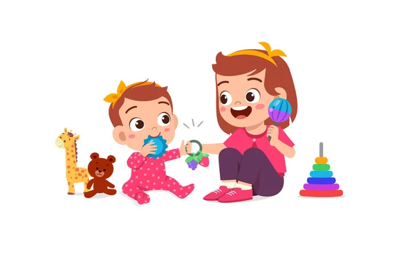 Niedliche Kleine Mädchen Spielen Mit Baby Geschwister Zusammen — Stockvektor