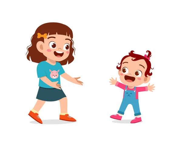 Cute Little Girl Play Baby Sibling Together Learn Walk — Vetor de Stock