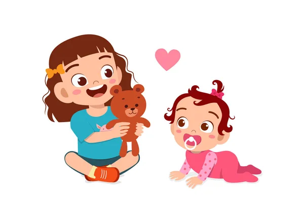 Cute Little Girl Play Baby Sibling Together — Διανυσματικό Αρχείο