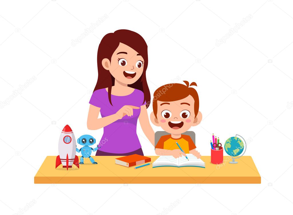 cute little boy study with mother at home together