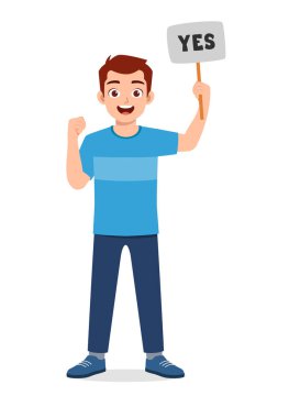 young good looking man holding board said yes