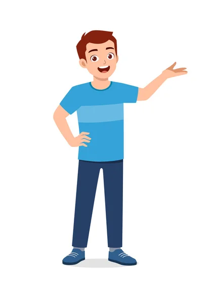 Young Good Looking Man Doing Greet Pose Say — Stock Vector