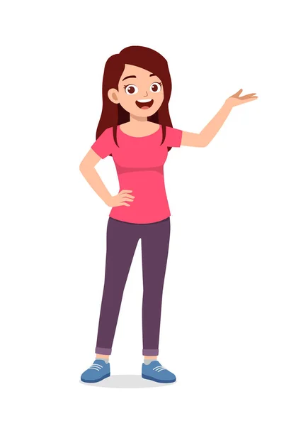 Young Good Looking Woman Doing Greet Pose Say — Stock Vector