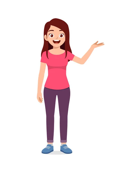 Young Good Looking Woman Doing Greet Pose Say — Vector de stock