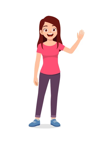 Young Good Looking Woman Doing Greet Pose Say — Stock Vector