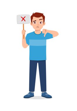 young good looking man holding board said no