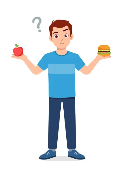 Young Good Looking Man Choose Healthy Food Junk Food — Διανυσματικό Αρχείο