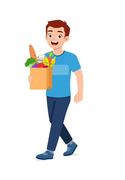 Junger Gut Aussehender Mann Trägt Tasche Voller Lebensmittel — Stockvektor
