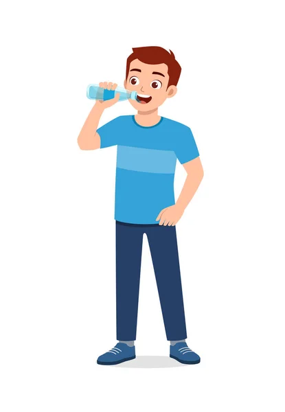 Junger Gut Aussehender Mann Trinkt Wasser Auf Flasche — Stockvektor