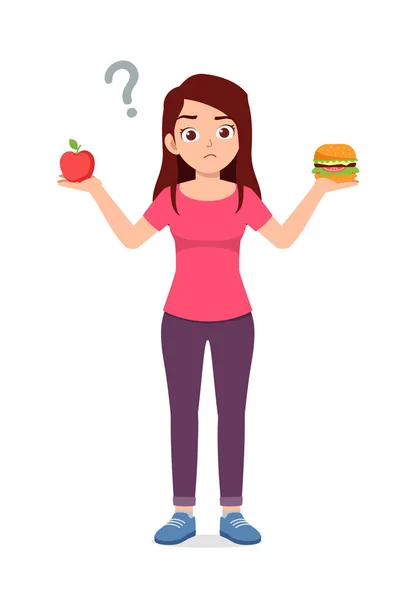 Young Good Looking Woman Choose Healthy Food Junk Food — Vetor de Stock
