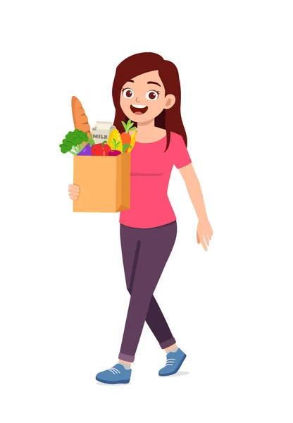 Young Good Looking Woman Carry Bag Full Grocery — Archivo Imágenes Vectoriales