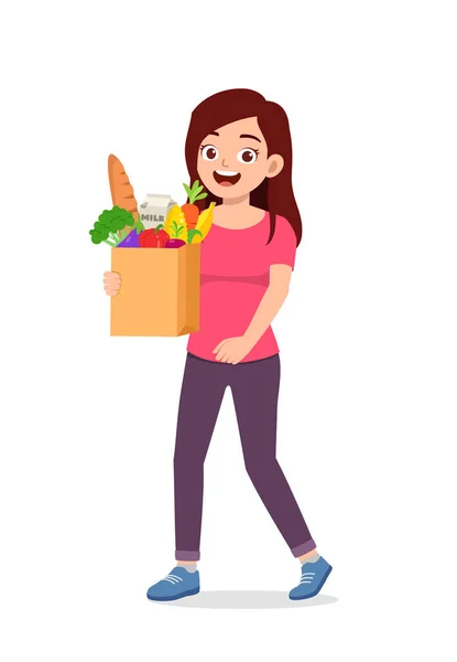 Young Good Looking Woman Carry Bag Full Grocery — Vetor de Stock