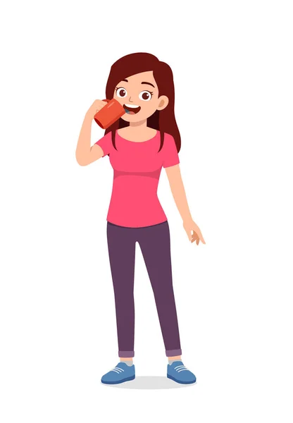 Young Good Looking Woman Drink Coffee Glass — Stock Vector