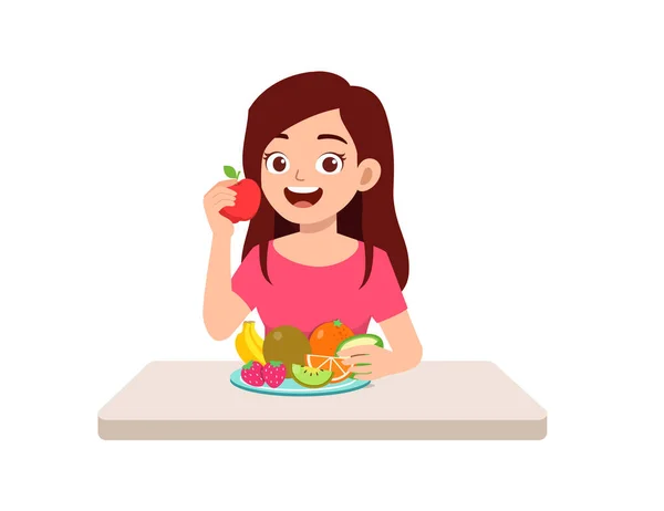 Young Good Looking Woman Eat Fruit Vegetable — Stock Vector