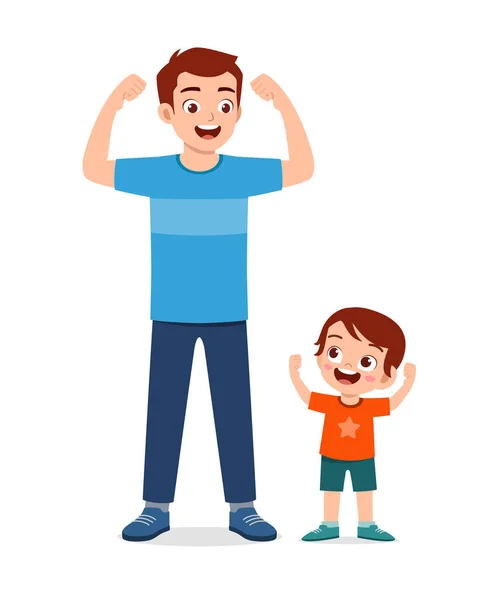 Cute Little Kid Copy Dad Strong Pose — Stock vektor