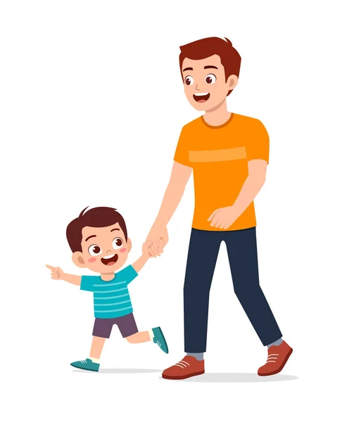 Young Good Looking Father Holding Hand Walk Kid — Stock Vector