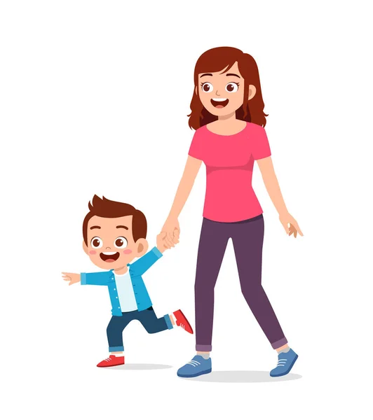 Young Good Looking Mother Holding Hand Walk Kid — Vector de stock