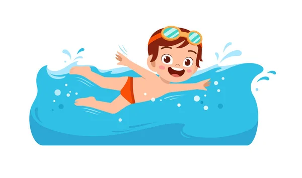 Cute Little Kid Boy Swim Water Summer Holiday — Vettoriale Stock