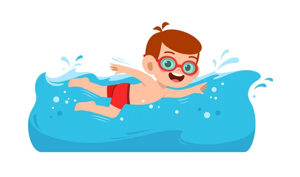 Cute Little Kid Boy Swim Water Summer Holiday — 图库矢量图片