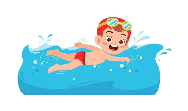 Cute Little Kid Boy Swim Water Summer Holiday — 图库矢量图片