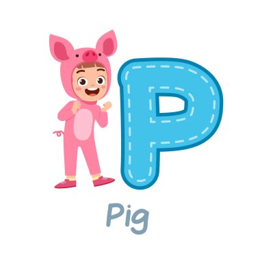 Tatlı küçük çocuk alfabe öğrenmek için kostüm giyiyor.