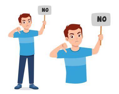 young good looking man holding board said no