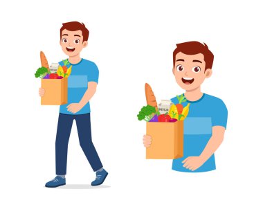 young good looking man carry bag full of grocery